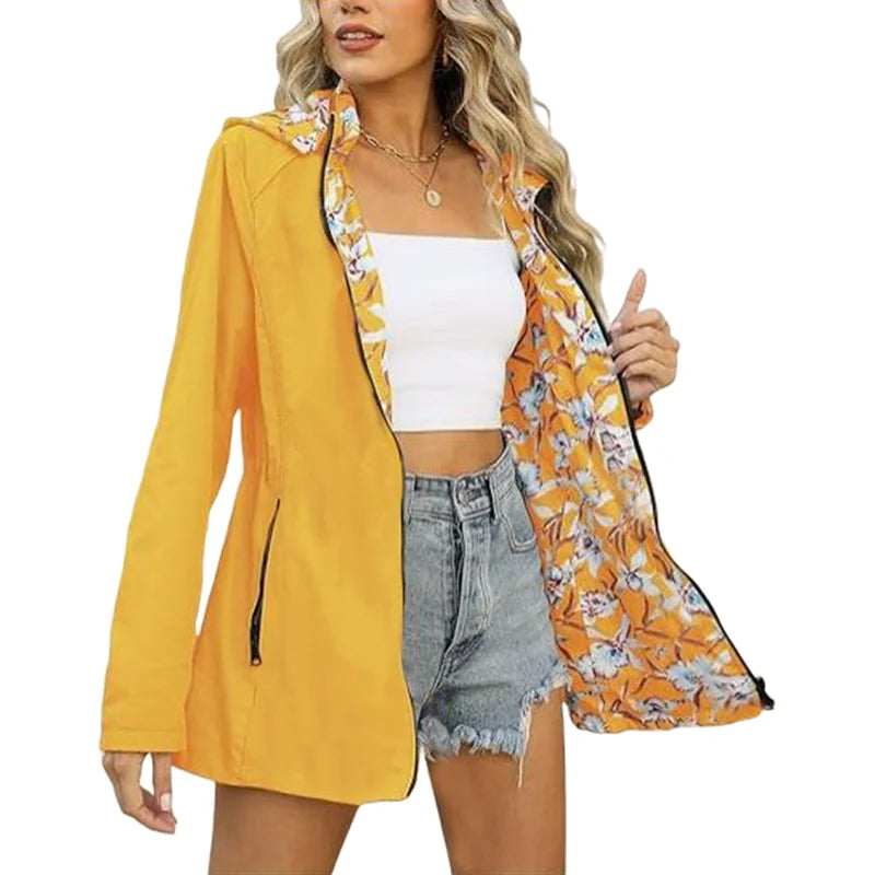 Damen Wendejacke mit Kapuze Blumenmuster Hellblau