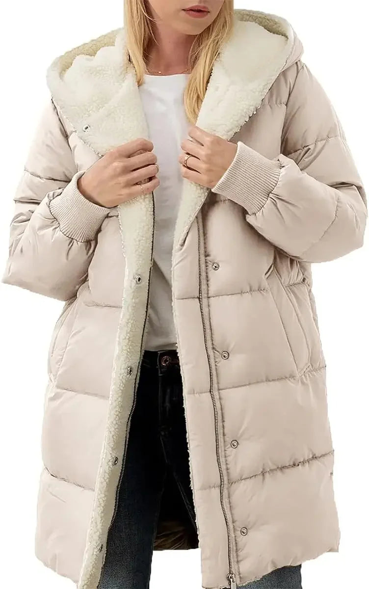 Damen Langer Steppmantel mit Kapuze und Teddyfutter, Winter Warme Jacke