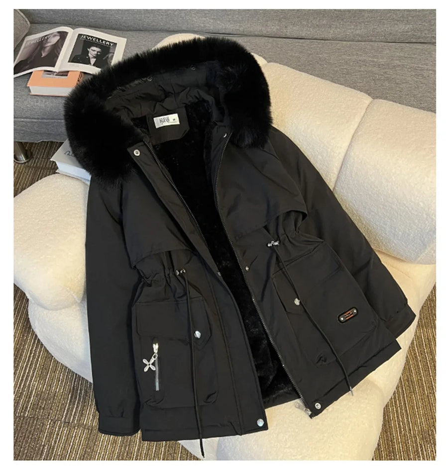 Damen Winterjacke Parka mit Kapuze Pelzimitat Innenfutter Tunnelzug