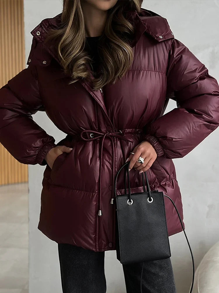 Damen Steppjacke mit Kapuze und Kordelzug, glänzend, warm