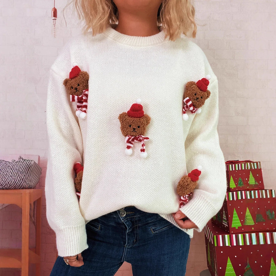 Kerstpullover met teddybeerapplicaties, lange mouwen en ronde hals