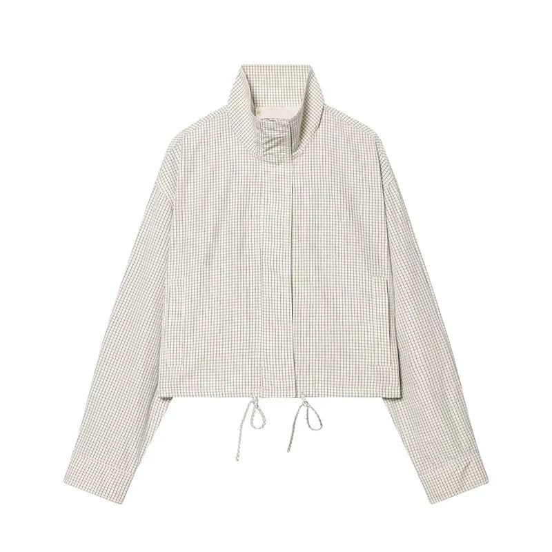 Kurze Jacke Damen Kariert Stehkragen Reißverschluss Beige