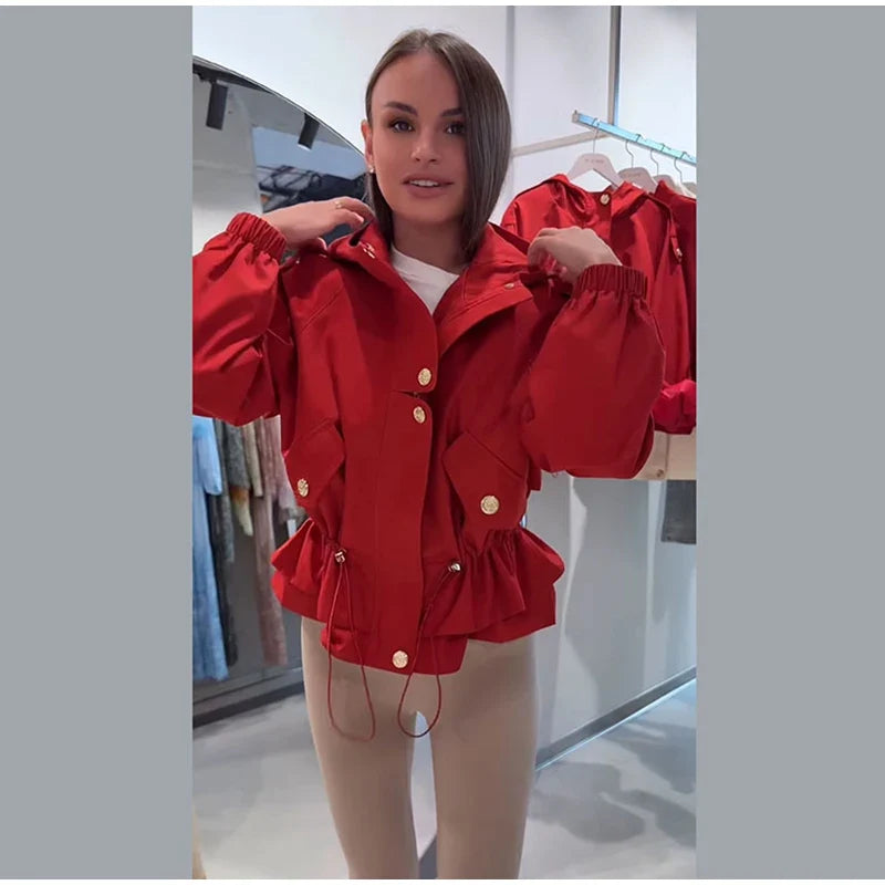Damen Jacke im Blouson-Stil mit elastischem Bund und goldenen Knöpfen