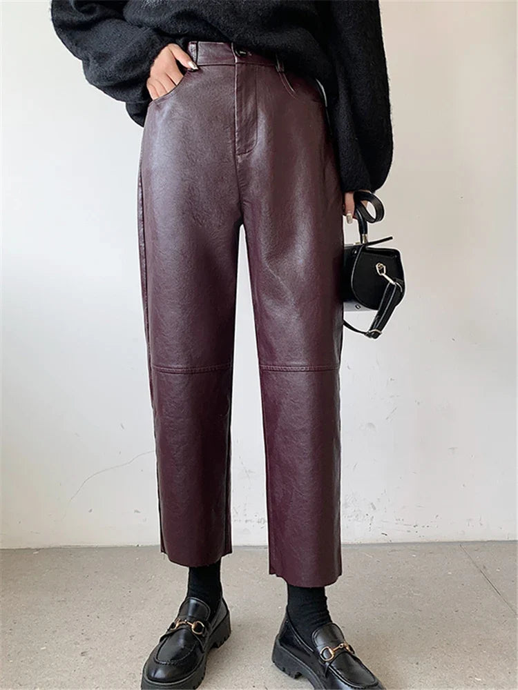 Damen Hose im Leder-Look Weites Bein Schwarz Burgund