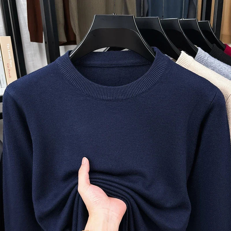 Herenpullover met ronde hals, lange mouwen en effen kleur