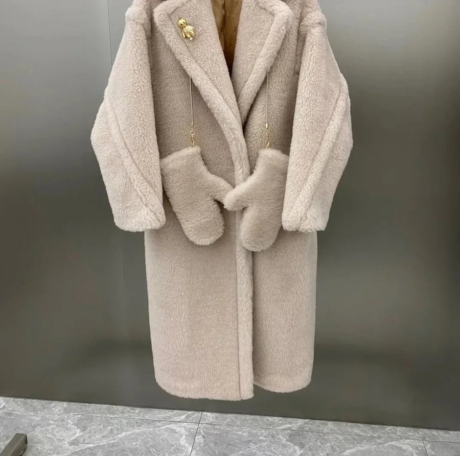 Damen Teddyfell Mantel mit Kapuze und Handschuhen, mittellang, Winter