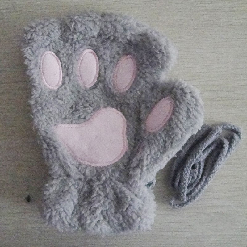 Unisex pluizige kattenpoot-handschoenen zonder vingers, met pootafdruk en band