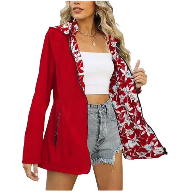 Damen Wendejacke mit Kapuze Blumenmuster Hellblau