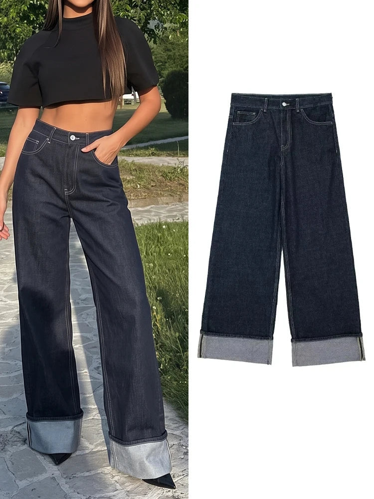 Wide leg-jeans voor dames, donkerblauw, met omslag en lichte naden