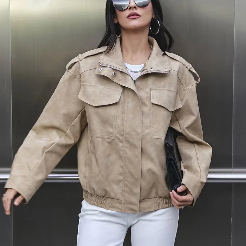 Unisex Bomberjacke mit Stehkragen und Brusttaschen