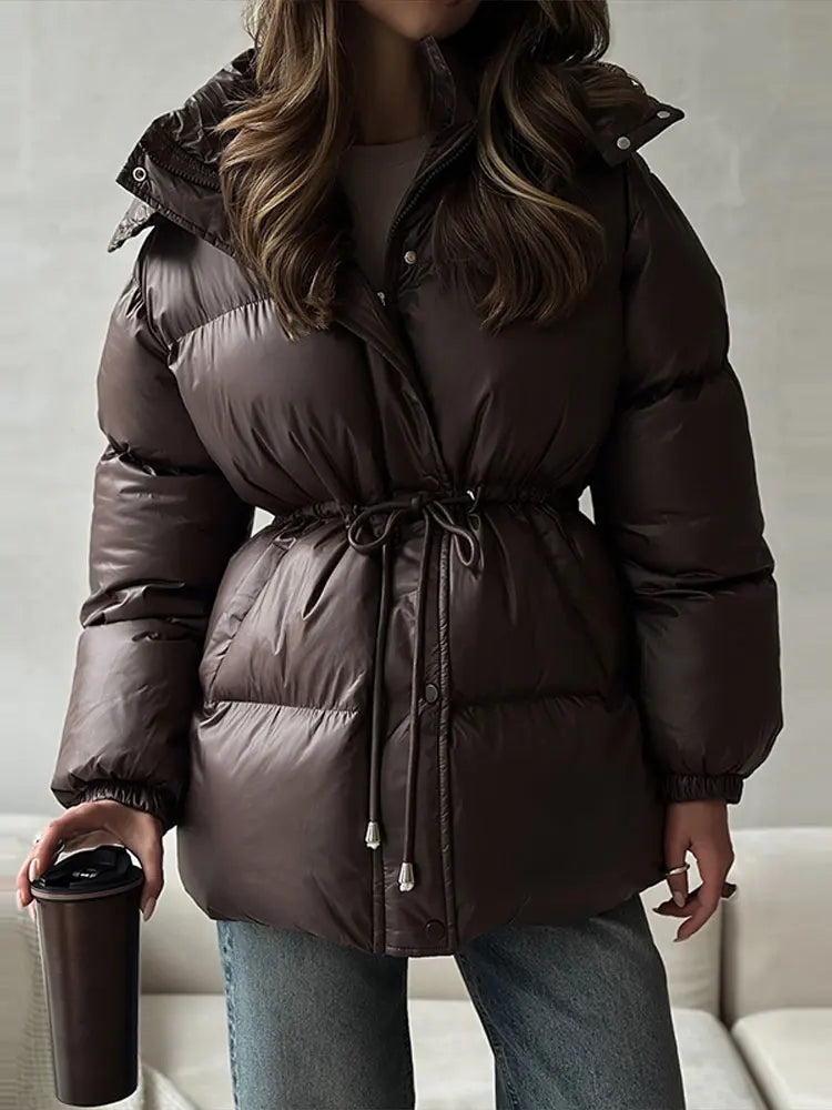 Damen Steppjacke mit Kapuze und Kordelzug, glänzend, warm