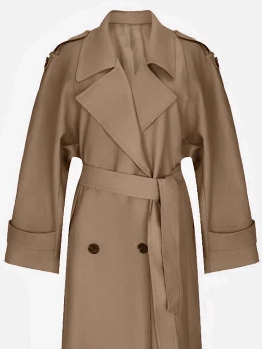 Damen Trenchcoat Lang Gürtel Zweireihig Dunkelviolett