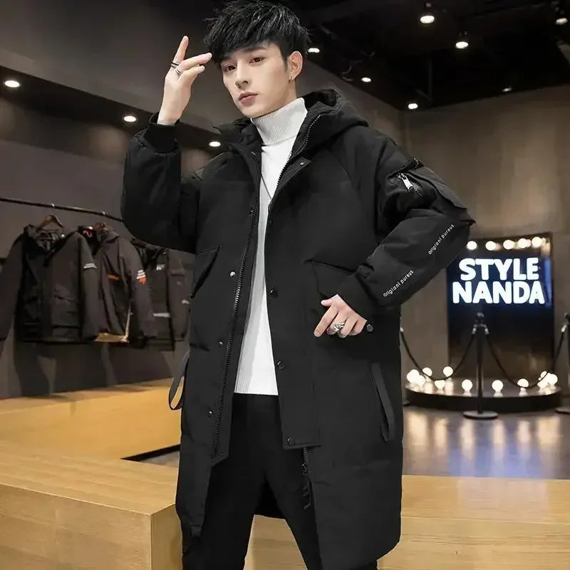 Herren Winter Steppmantel Lang mit Kapuze & Taschen