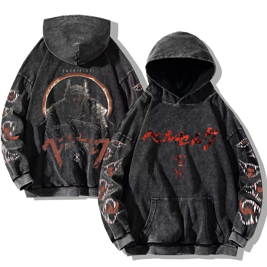 Vintage hoodie met capuchon en kangoeroezak – Berserk-print