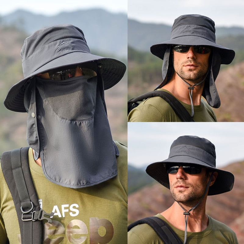 Unisex Sonnenhut mit Nackenschutz und Gesichtsmaske, breiter Krempe und UV-Schutz für Outdoor-Aktivitäten