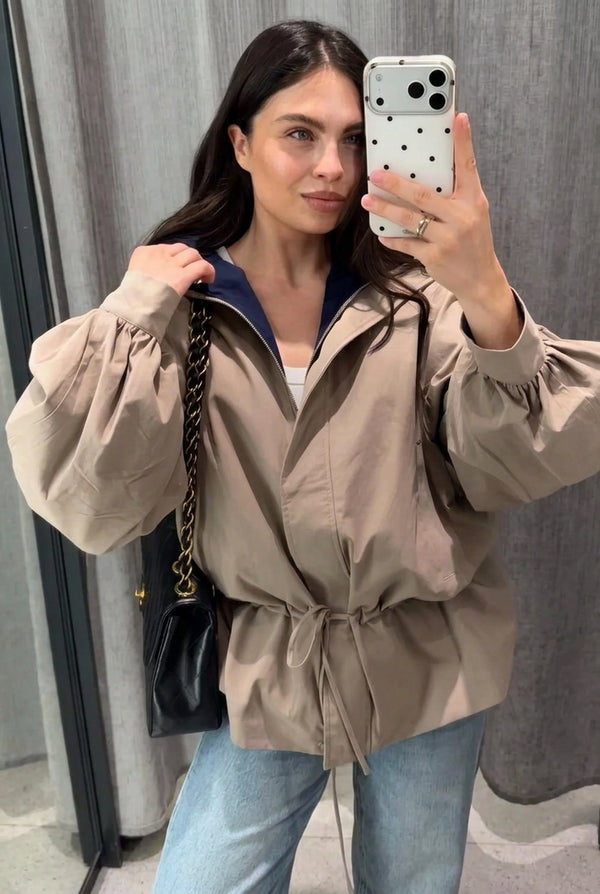 Damen Jacke Beige mit Tunnelzug Ballonärmel Stehkragen Kurz Übergangsjacke