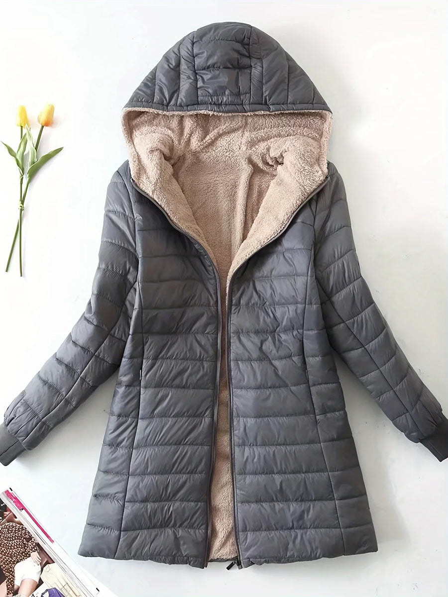 Damen Steppjacke mit Kapuze, gefüttert, lang geschnitten, Warm
