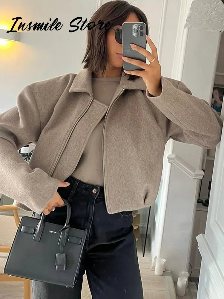 Kurze Jacke mit Reißverschluss und Kragen Damen Beige/Grau