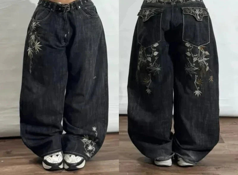 Weite Jeans im Baggy-Stil mit Blumenstickerei für Damen