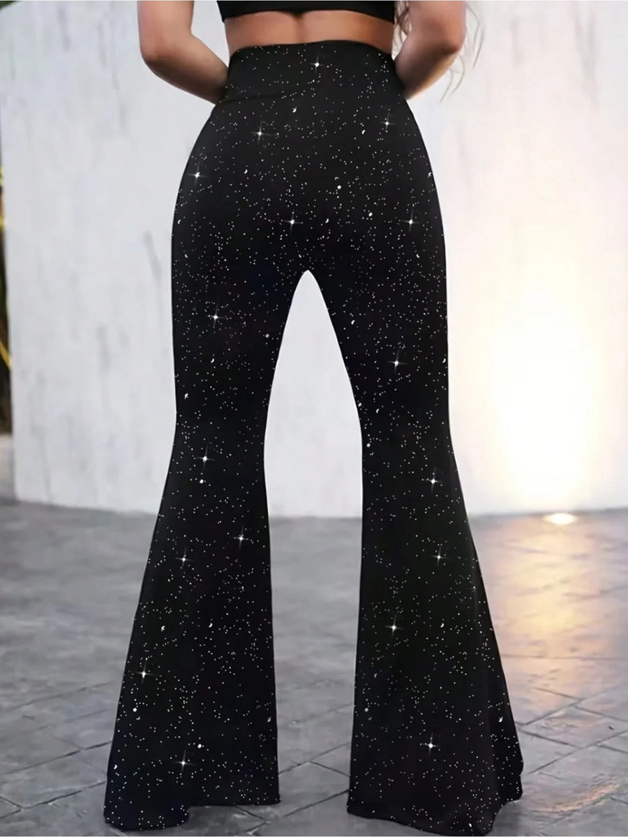 Zwarte wijde damesbroek met hoge taille en sterrenpatroon