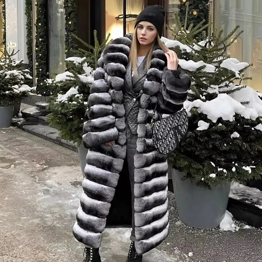 Damen Faux-Pelzmantel lang gestreift Grau Schwarz Weiß Winter Warm