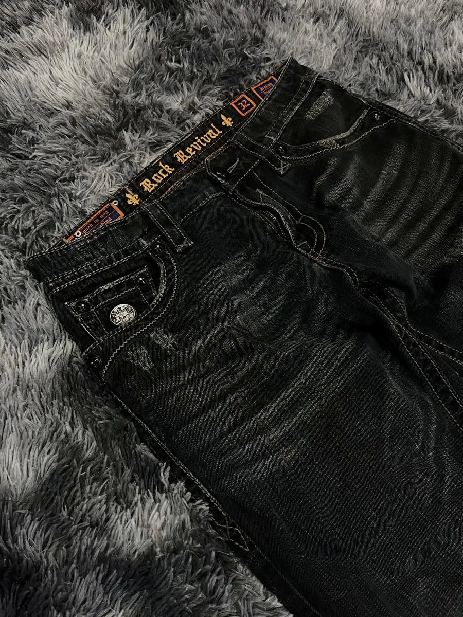 Unisex Jeanshose Weites Bein Schwarz Used-Look mit Kette