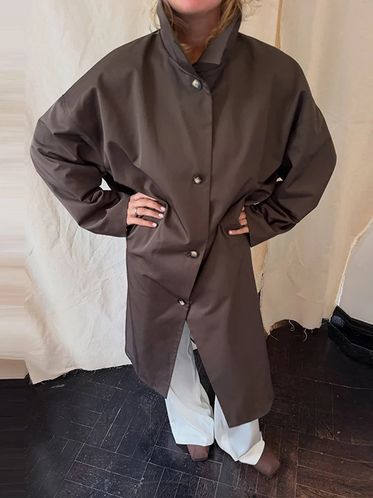 Damen Langer Trenchcoat mit Stehkragen und weitem Schnitt