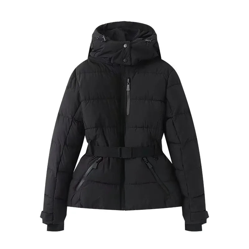 Damen Winter Pufferjacke Glänzend mit Gürtel und Kapuze