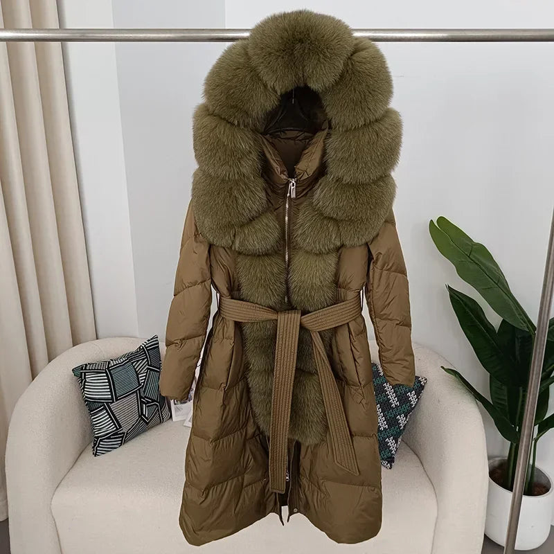 Damen Winter Steppmantel Lang mit Kapuze und Kunstpelzbesatz Gürtel