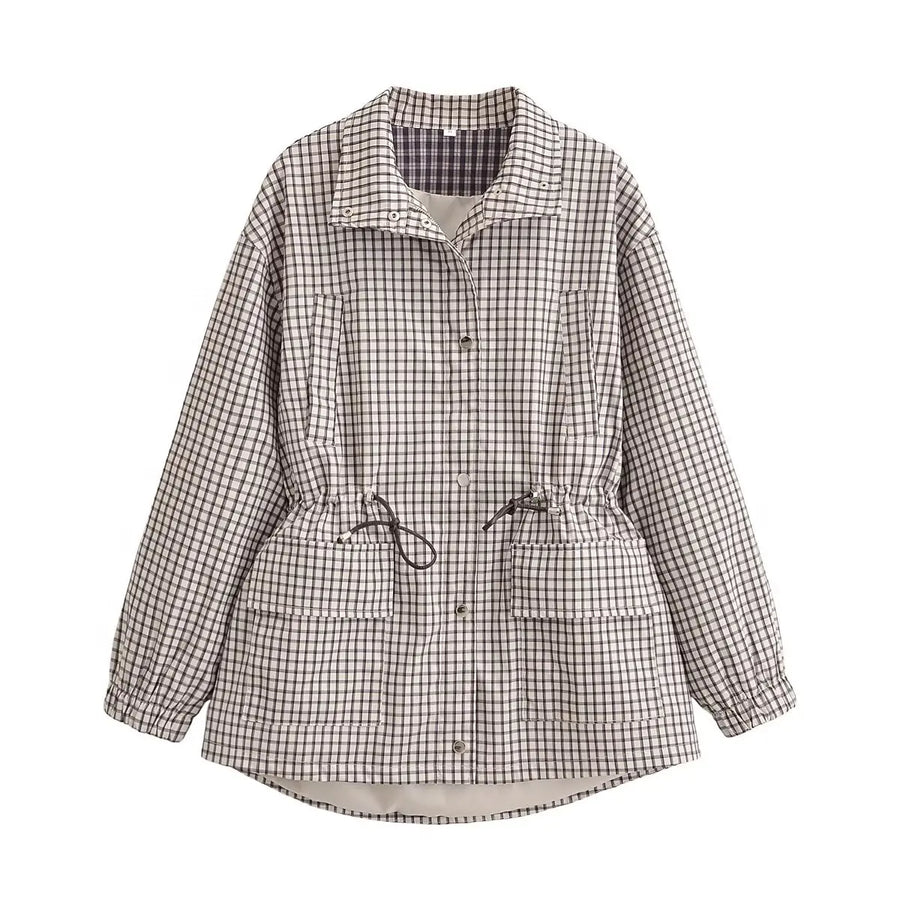 Damen Karierte Jacke mit Kordelzug in der Taille – Khaki-Gittermuster