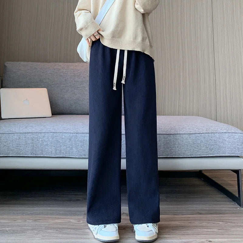 Dames wijde broek met trekkoord, hoge taille en brede pijpen