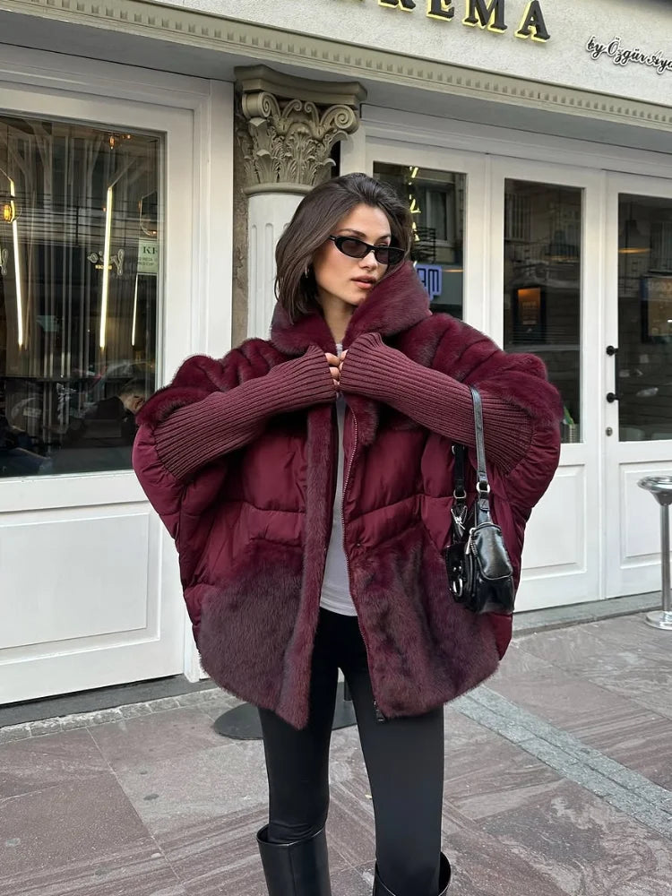Damen Oversized Hybrid Jacke mit Kapuze, Teddyfell & Stepp-Optik