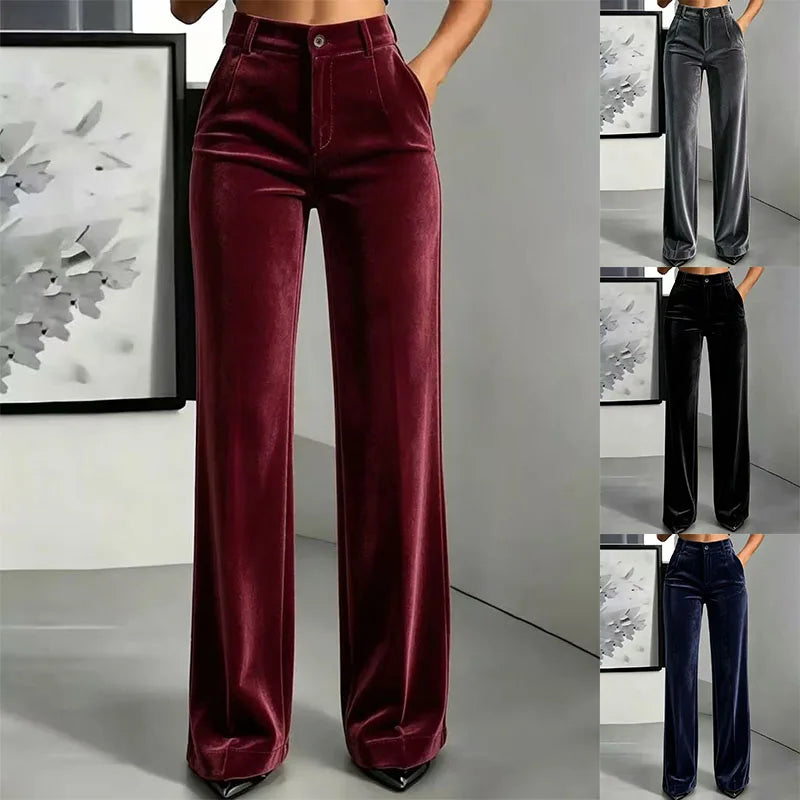 Fluwelen damespantalon met wijde pijpen, hoge taille, elegante broek