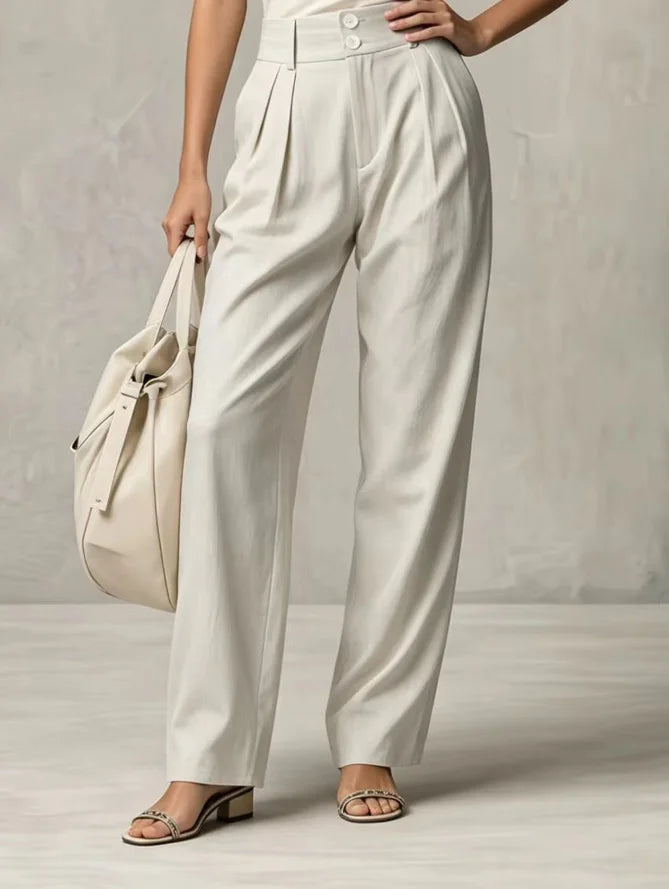 Damen Stoffhose Beige Plissee Weites Bein Hoher Bund