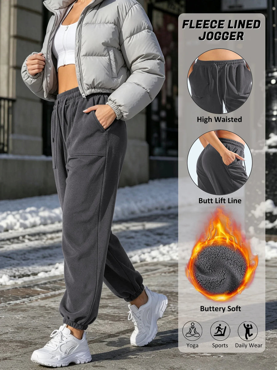 Donkergrijze fleece joggingbroek voor dames, hoge taille en trekkoord