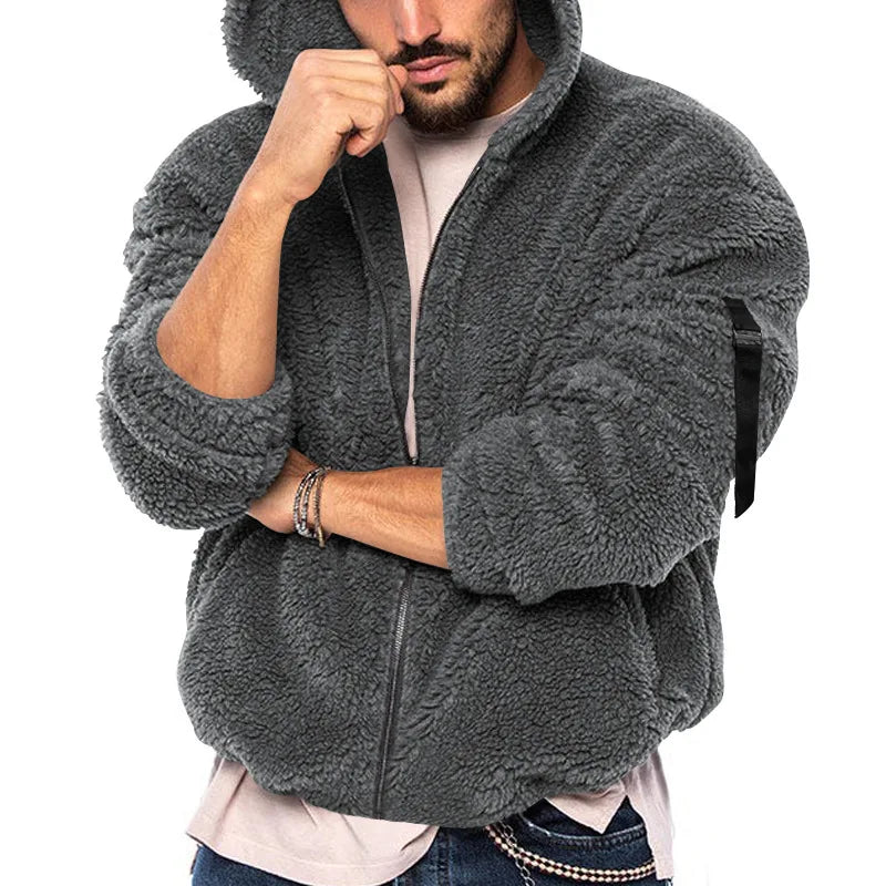 Herren Hoodie Jacke aus Teddy-Fleece mit Reißverschluss