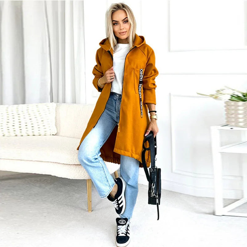 Damen Lange Hoodie Jacke mit Reißverschluss und Kapuze