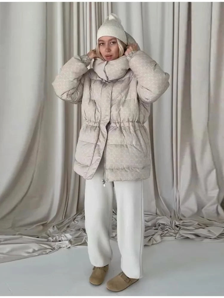 Damen Steppjacke mit Kapuze und Kordelzug, Braun/Beige/Schwarz