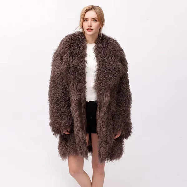 Damesmantel van imitatiebont, krullend pluche, teddylook, lange mouwen, open model