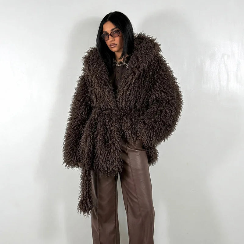 Damen Shaggy Jacke mit Kapuze und Bindegürtel, Lockiges Plüschmaterial