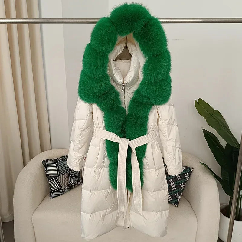Damen Winter Steppmantel Lang mit Kapuze und Kunstpelzbesatz Gürtel
