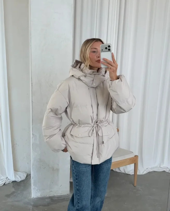 Damen Pufferjacke mit Kapuze und Taillenzugband