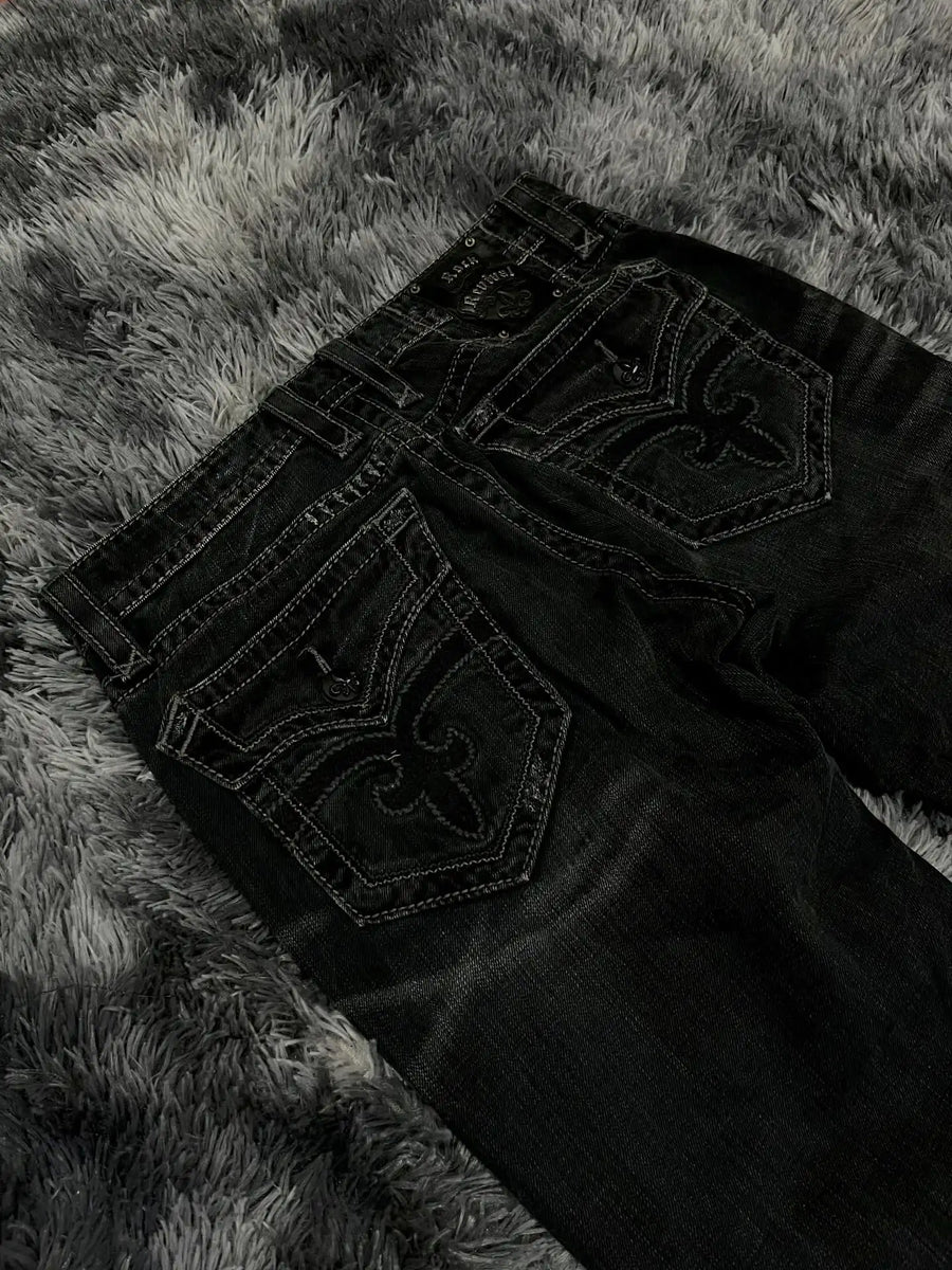 Unisex Jeanshose Weites Bein Schwarz Used-Look mit Kette