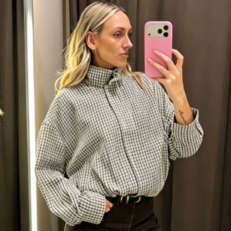 Damen Kariertes Hemd Kragen Langarm Locker Oversized Bluse