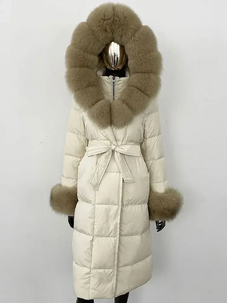 Damen Daunenmantel Lang mit Kapuze und Pelzbesatz Gürtel Steppjacke Warm
