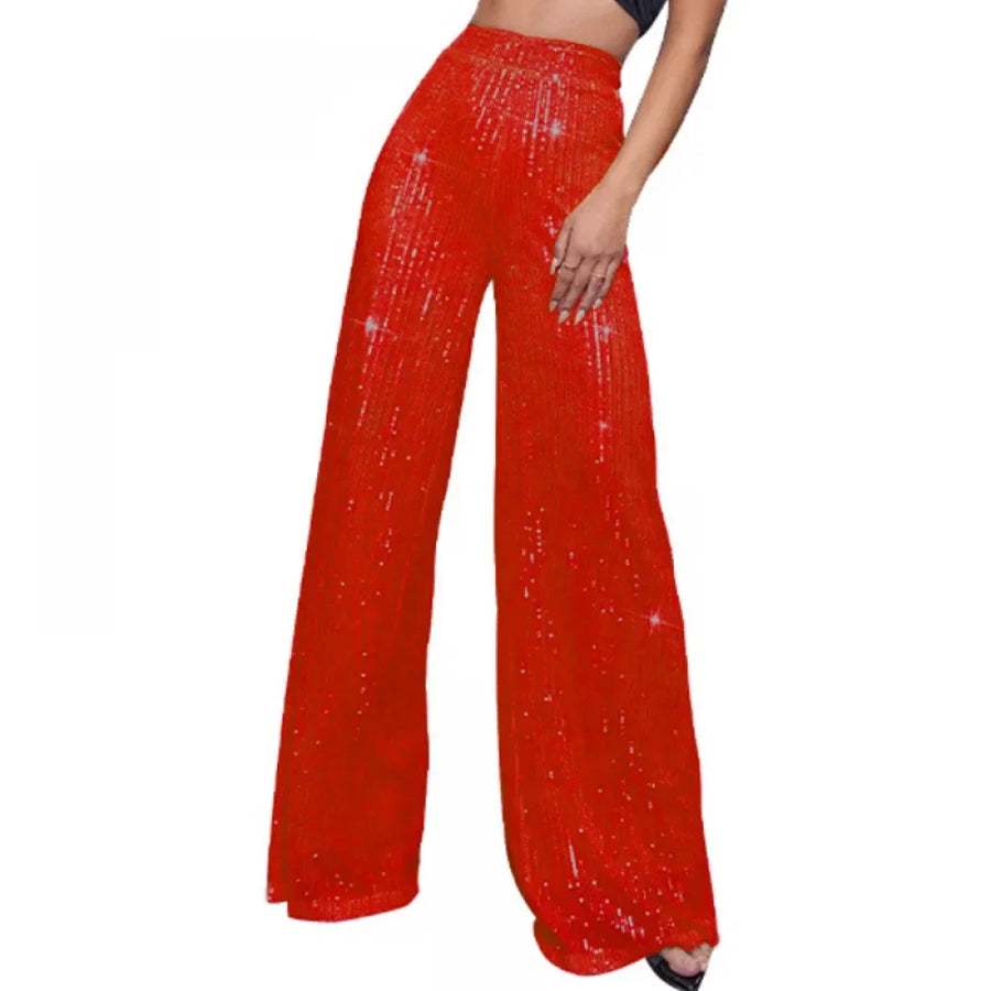 Damen Pailletten Schlaghose Hoher Bund Weites Bein Glitzernde Partyhose