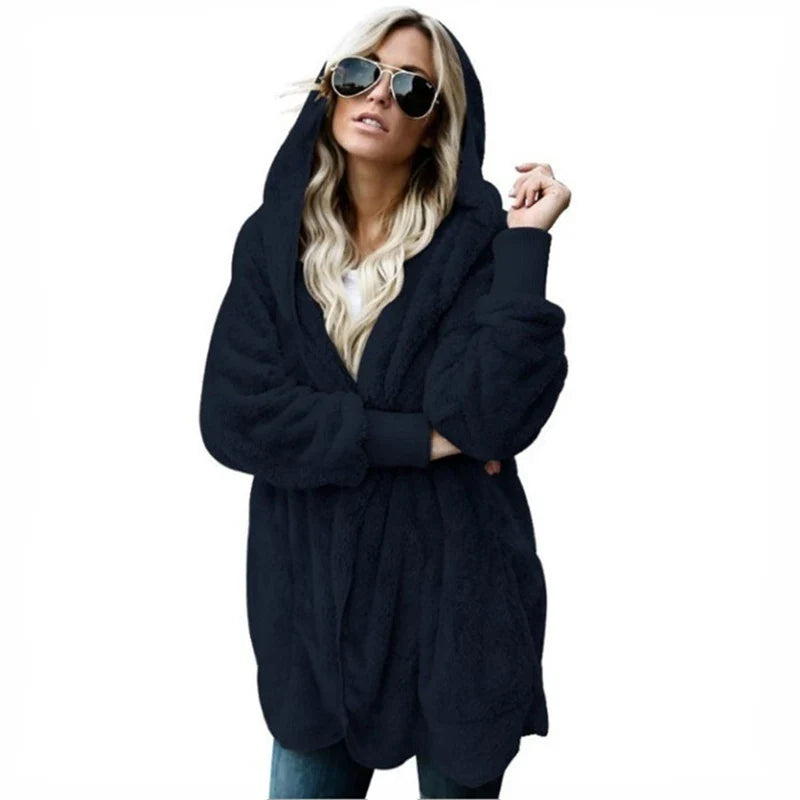 Damen Flauschige Strickjacke mit Kapuze und langen Ärmeln - Beigebraun