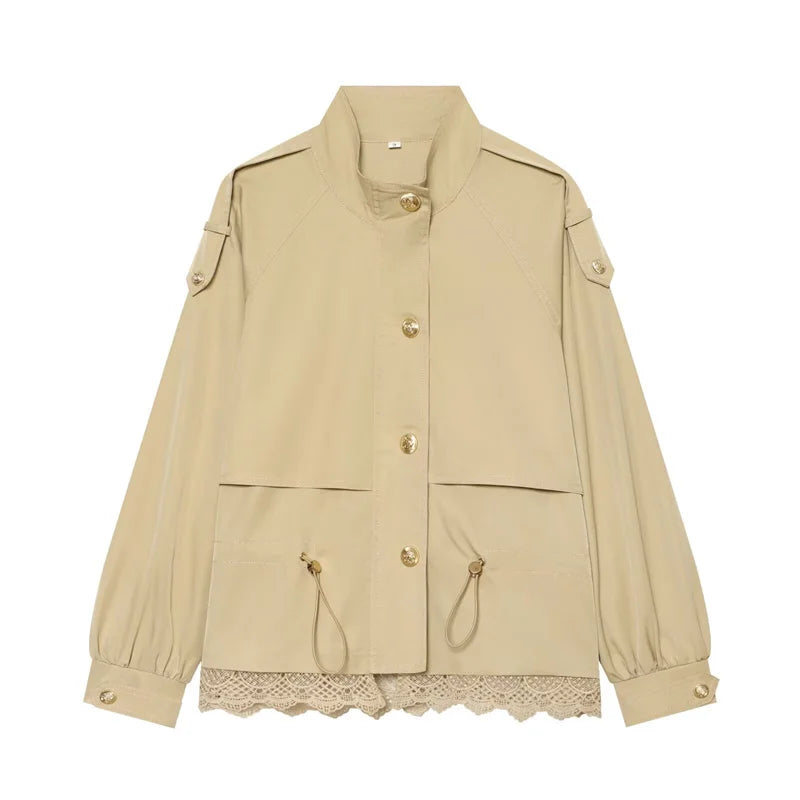 Damen Jacke Stehkragen Spitze Saum Kurz Bolero Optik
