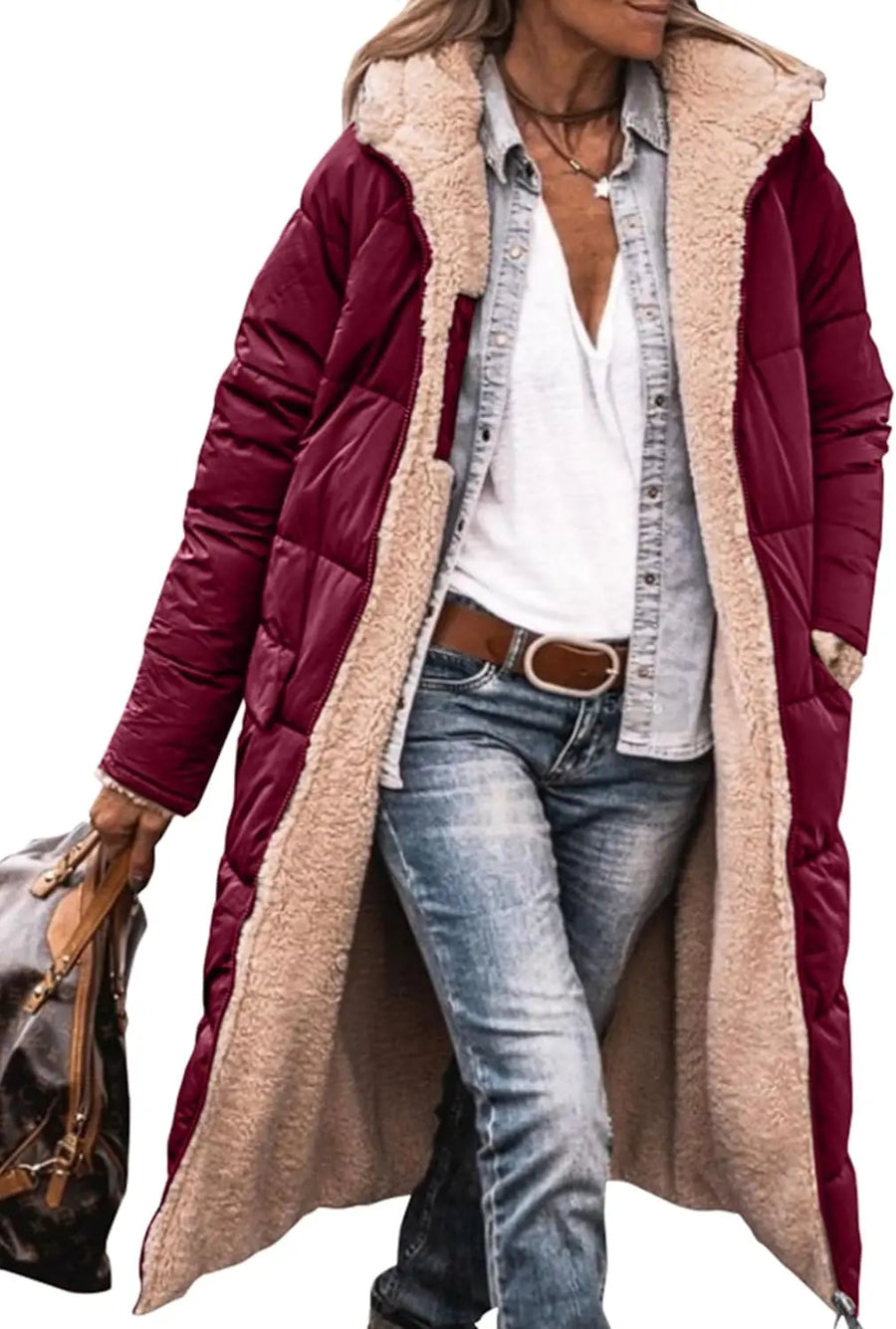 Damen Langer Steppmantel mit Teddyfutter & Kapuze