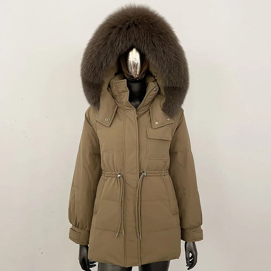 Damen Winterjacke Parka mit Kapuze Kunstfellbesatz Tunnelzug Creme